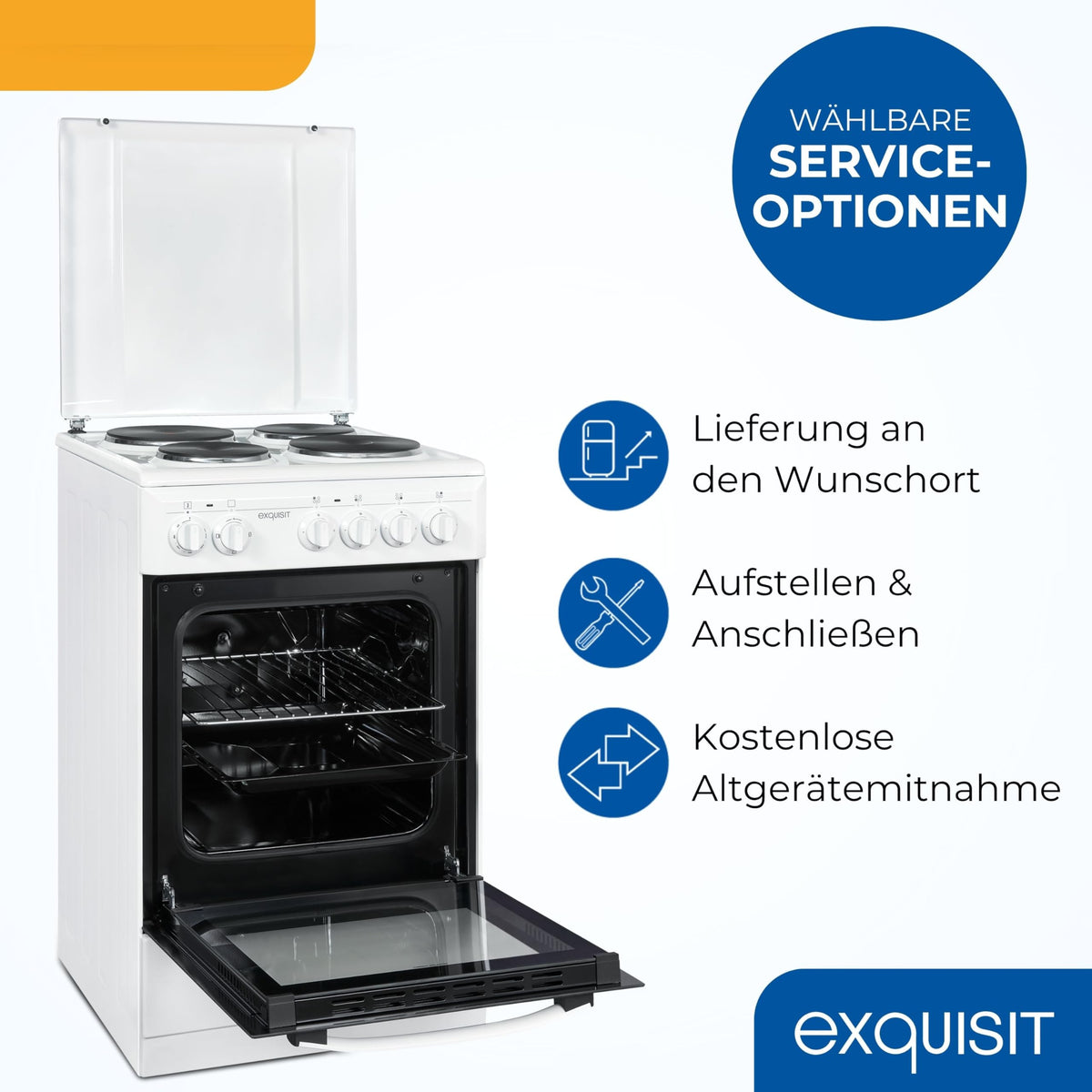 Freistehender Elektroherd EH9-3-090weiss, 50 cm breit, 48 l Backofen mit 4 Kochplatten und Energieklasse A, inkl. Grillrost und Backblech