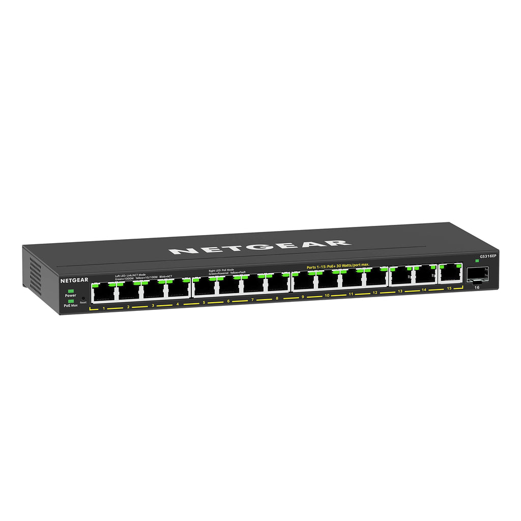 16-Port Gigabit Ethernet PoE Switch GS316EP mit 15x PoE+ 180W, 1x SFP und Managed Funktionen wie VLAN, QoS, IGMP Snooping, lüfterlos