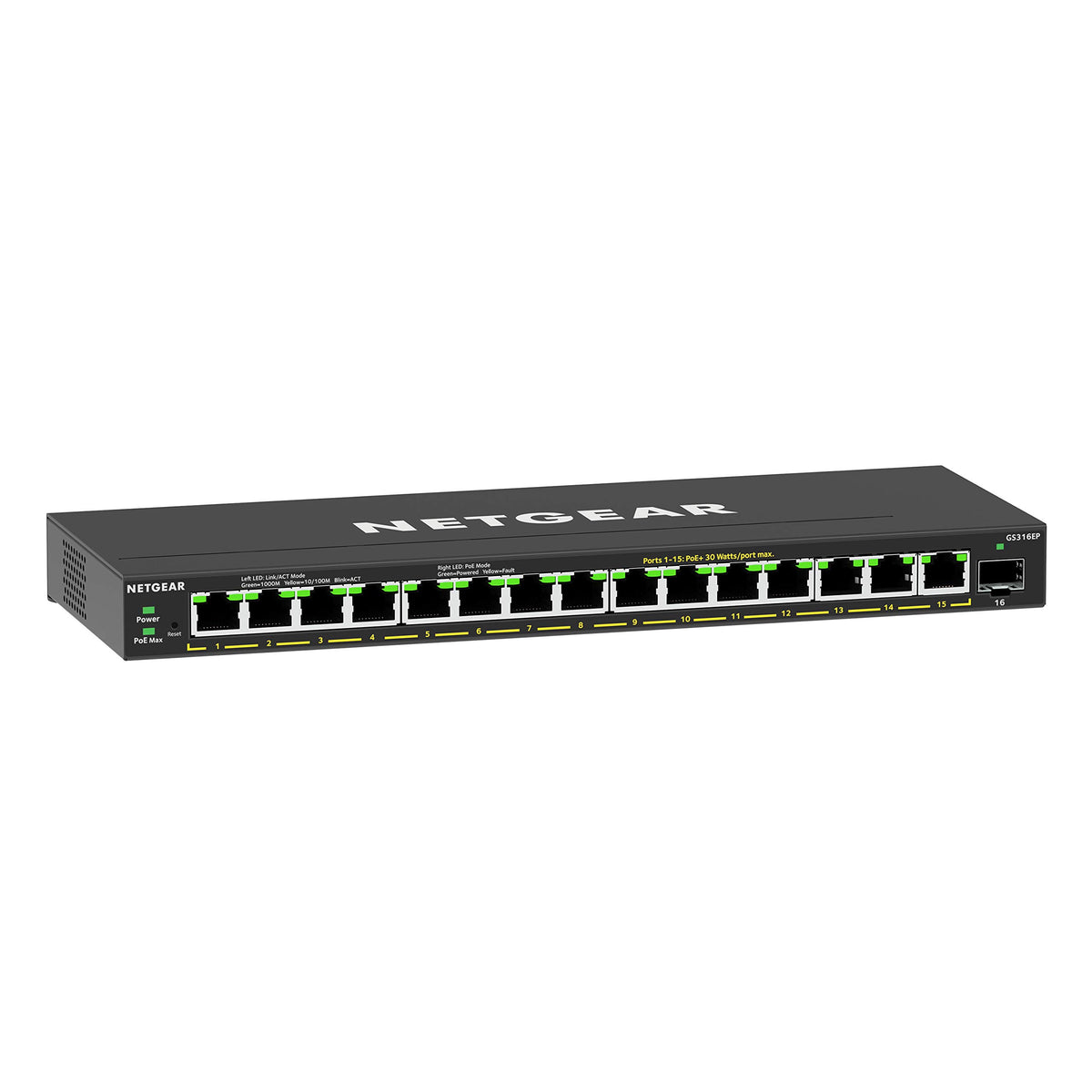 16-Port Gigabit Ethernet PoE Switch GS316EP mit 15x PoE+ 180W, 1x SFP und Managed Funktionen wie VLAN, QoS, IGMP Snooping, lüfterlos