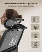 Ergonomischer Bürostuhl mit verstellbarer Sitztiefe 3D-Kopfstütze Lendenstütze und verstellbaren Armlehnen Schwarz