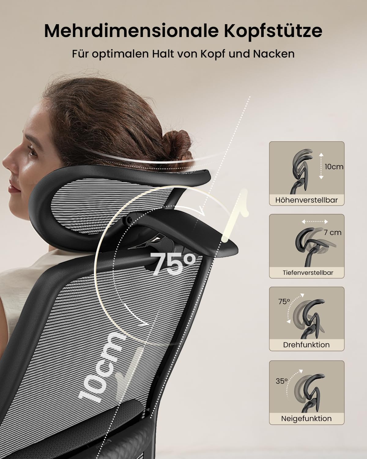 Ergonomischer Bürostuhl mit verstellbarer Sitztiefe 3D-Kopfstütze Lendenstütze und verstellbaren Armlehnen Schwarz