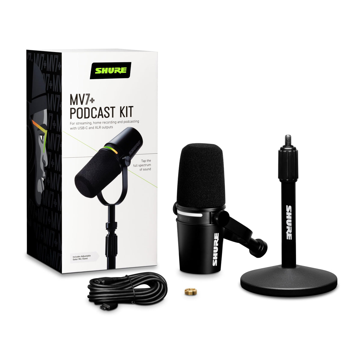 Dynamisches Podcast-Mikrofon MV7+ USB-C XLR mit Mikrofonständer Schwarz für Streaming und Videokonferenzen