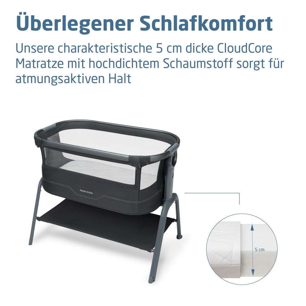 Baby Beistellbett Iora² von 0-6 Monaten mit CloudCore-Matratze, 5 Höhenstufen und Easy Slide, klappbar mit Rollen und Tragetasche, Elegance Graphite