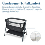 Baby Beistellbett Iora² von 0-6 Monaten mit CloudCore-Matratze, 5 Höhenstufen und Easy Slide, klappbar mit Rollen und Tragetasche, Elegance Graphite