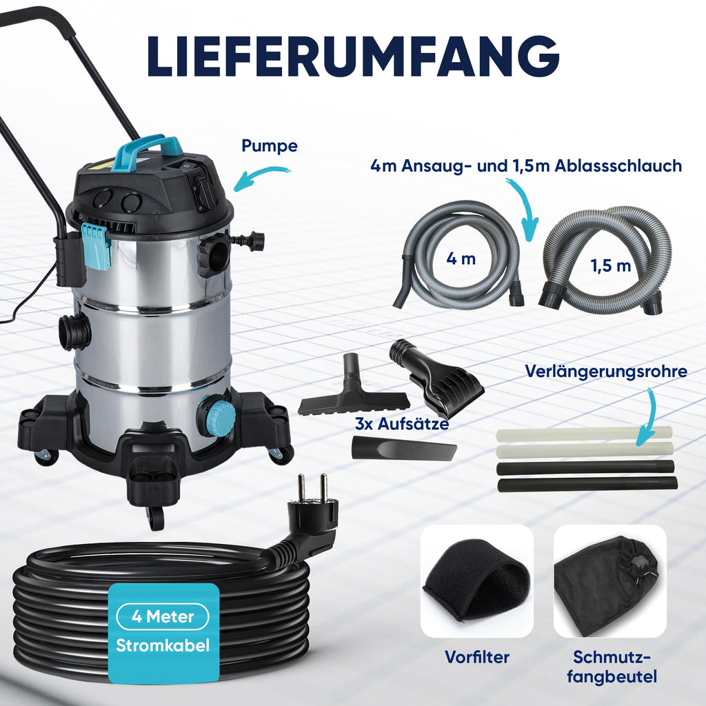 Teichsauger Schlammsauger 1200 Watt mit 35 Liter Behälter und Wasserrückführung inkl. Abpumppumpe und 3 Aufsätzen