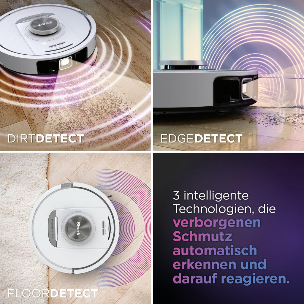 Saugroboter mit selbstentleerender Basis, 3D- und 360°-LiDAR-Navigation, Schmutzerkennung, Weiß