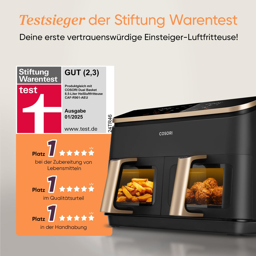 Heißluftfritteuse mit 2 Kammern und 8,5 L, Sichtfenster, 50 Rezepte in der Vesync-App, 1750 W