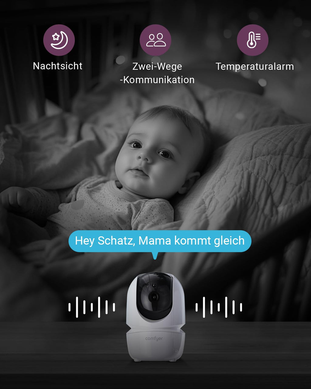 Babyphone mit 2 Kameras und 7"""" HD-Display, Split-Screen-Überwachung ohne WLAN, 6000mAh Akku, Nachtsicht und VOX-Modus