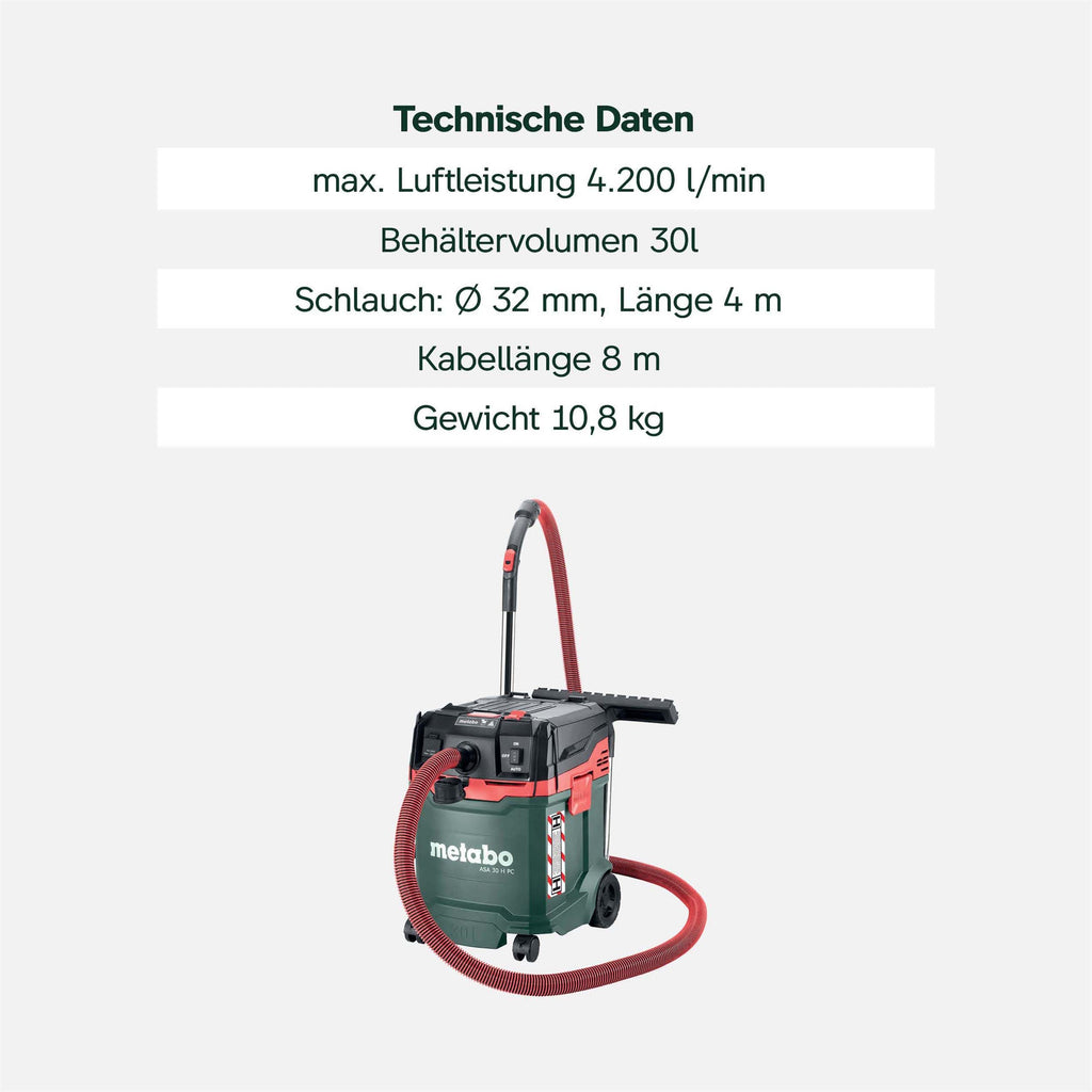 Nass-Trockensauger Staubklasse H ASA 30 H PC mit 1200 W, 8 m Kabel und Antistatik-Saugschlauch Quick