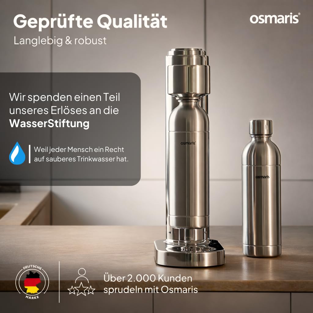 Wassersprudler aus Edelstahl mit 2x 1,1 L Edelstahlflaschen und Druckablassventil für geschmacksneutrales Sprudelwasser