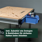 Multifunktionstisch MWB 100, klappbare Werkbank und Montagetisch mit 2 Einhandzwingen, 4 Bankhaken und 2 Eckverbindern