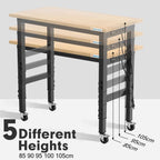 Schwerlast-Werkbank 120 cm aus Gummibaumholz, 5-fach höhenverstellbar von 85 bis 105 cm, mit Steckdosenleiste und USB
