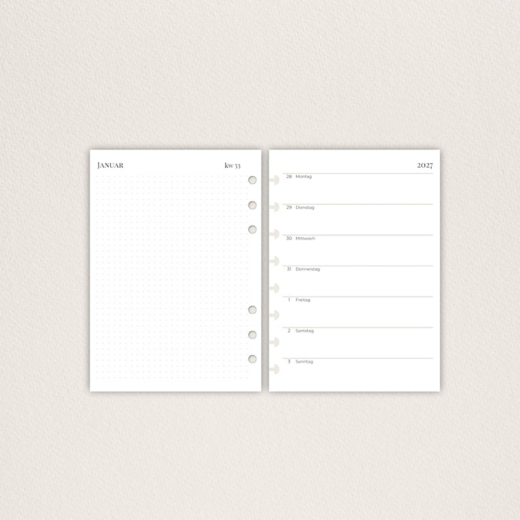 A5 Wochenplaner Nachfüllungen, Eine Woche auf 2 Seiten, Kalendereinlagen für Ringbuch, mit Notizseiten, 90g Papier