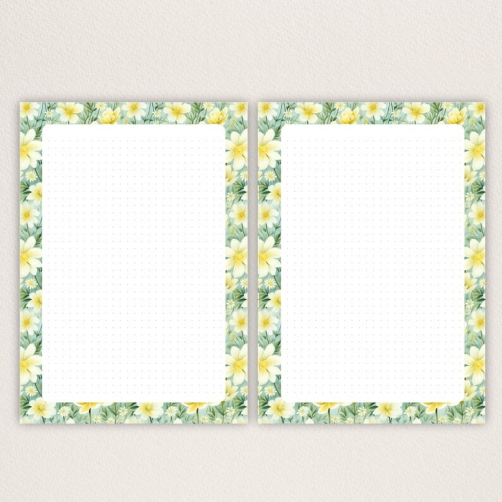 Notizzettel mit weißen Blumen und grünen Blättern, A5, Dot Grid, 15/30/60 Blatt