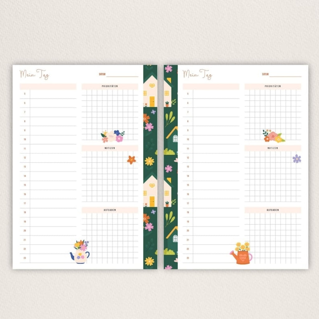 A5 Tagesplaner Blumenmuster Undatiert, 60 Seiten, Filofax & Happy Planner Kompatibel