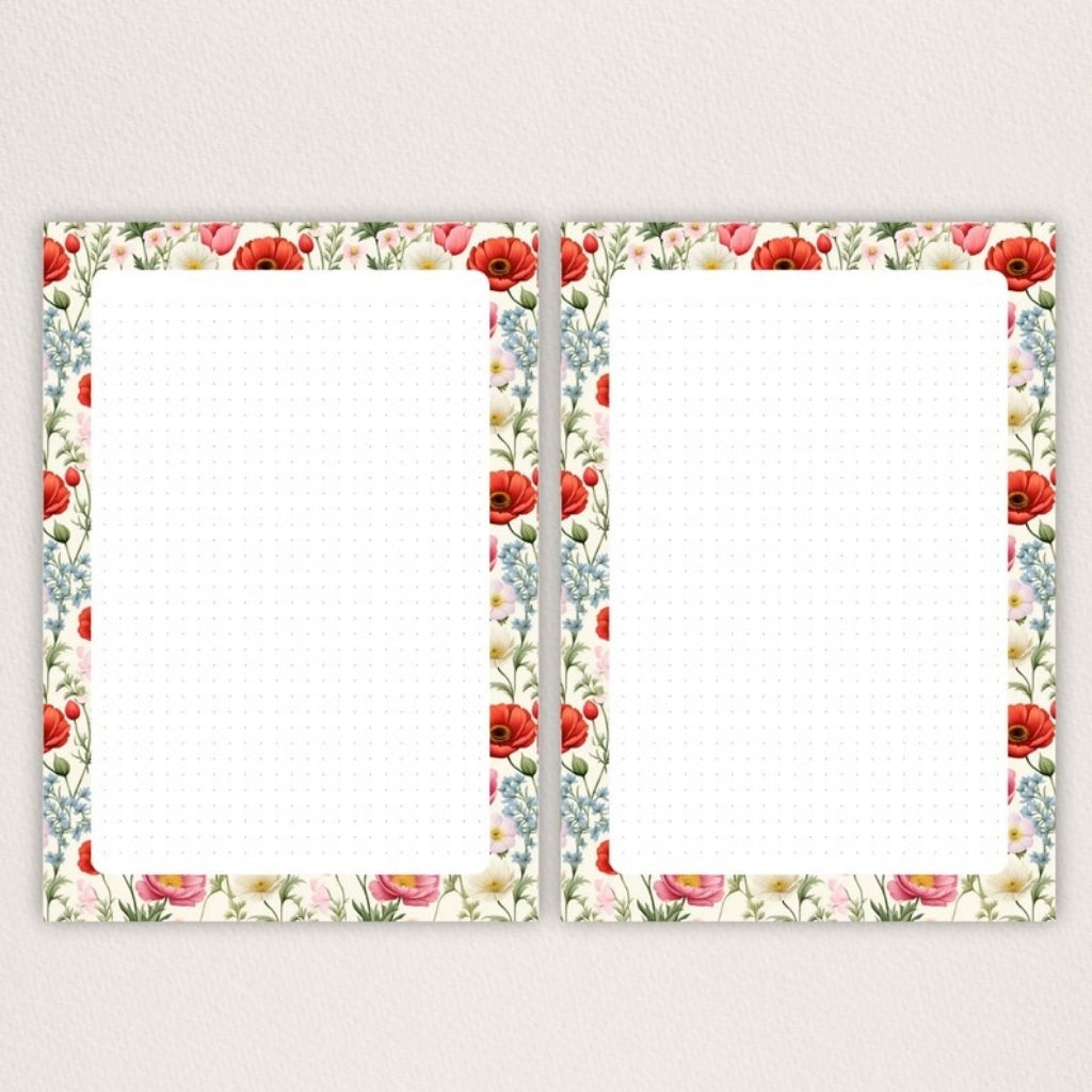 Einlegeblätter A5 Mohnblumen – Dot Grid Notizblätter, 90g/m², gepunktet, perforiert, Ringbuch, Discbuch, 15/30/60 Blatt