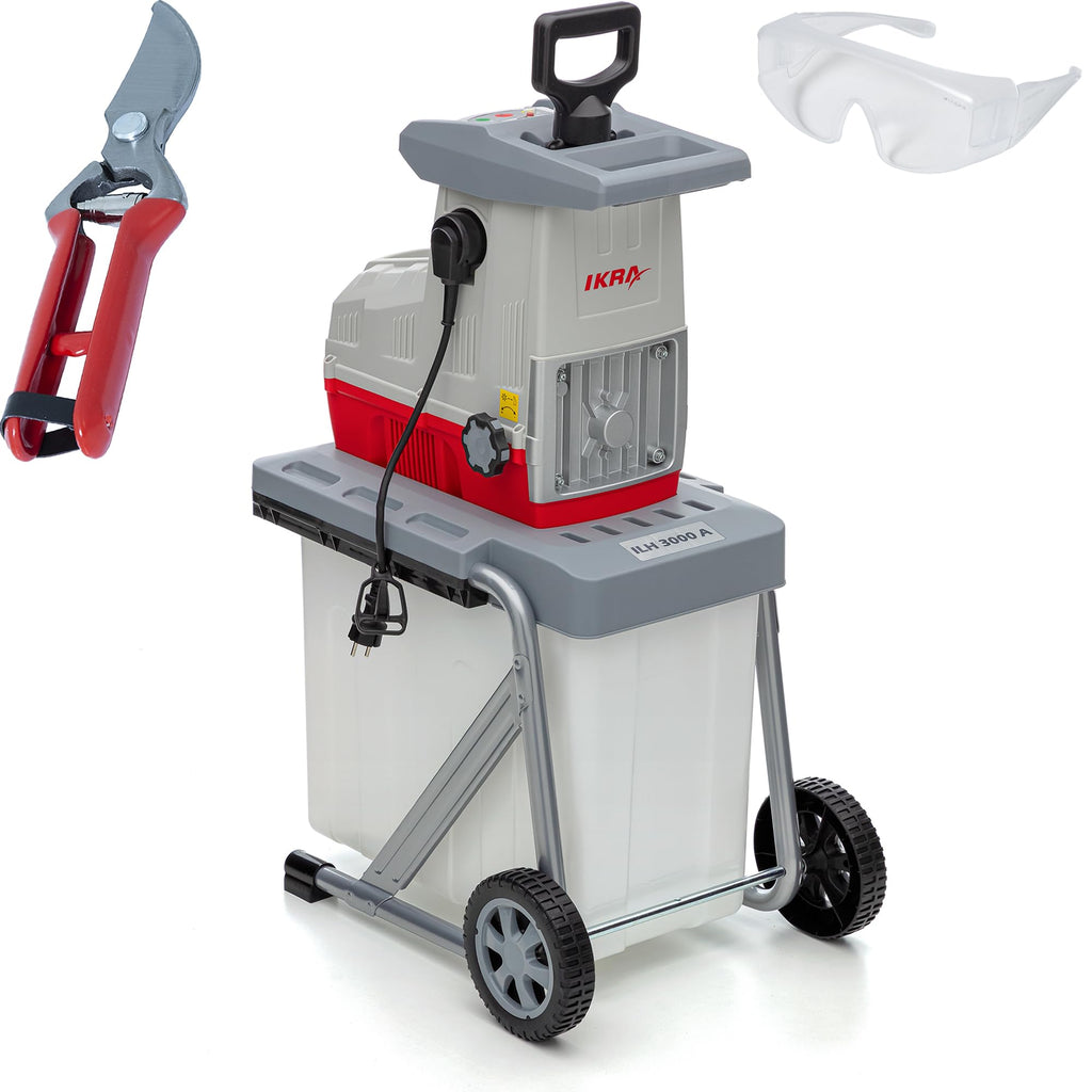 Elektro-Gartenhäcksler ILH 3000A mit 3000 Watt, Walzensystem für Äste bis 44 mm, 60-Liter-Fangbox sowie Gartenschere und Schutzbrille