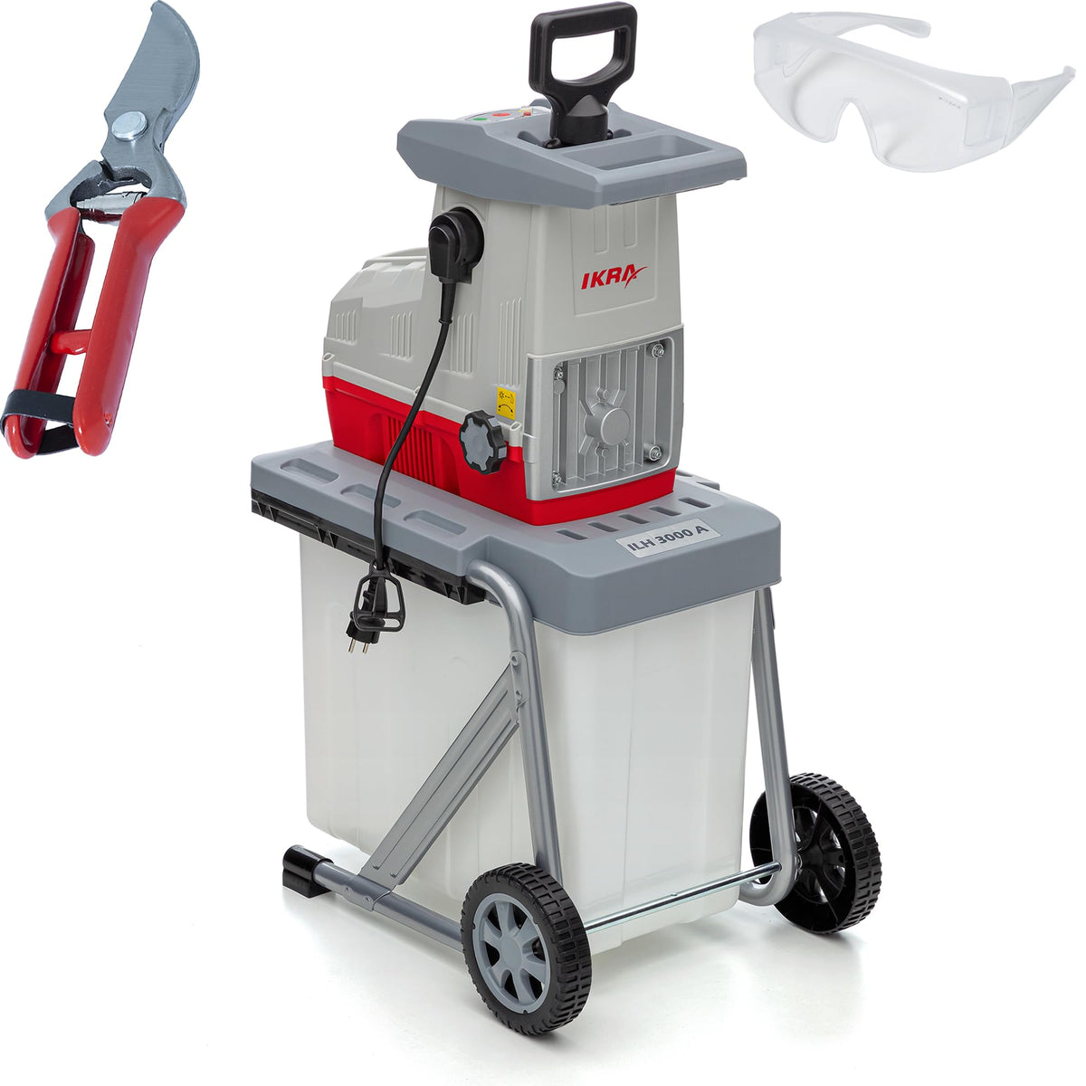 Elektro-Gartenhäcksler ILH 3000A mit 3000 Watt, Walzensystem für Äste bis 44 mm, 60-Liter-Fangbox sowie Gartenschere und Schutzbrille