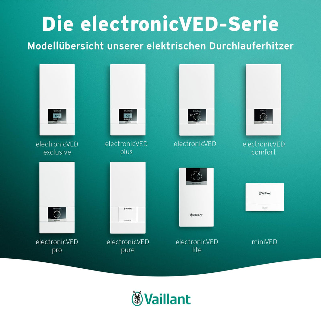 Elektronischer Durchlauferhitzer VED E 21/8, druckfest, 21 kW, 400 V, gradgenaue Auslauftemperatur, stufenlos einstellbar mit Digitalanzeige