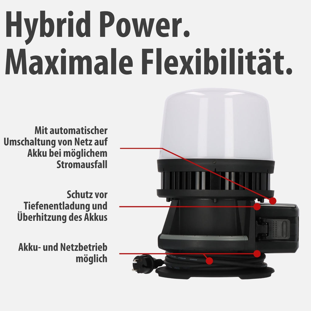 LED Baustrahler 360° Hybrid 12000lm für 18V Akku, 4 Schaltstufen, 5m Kabel, ohne Akku