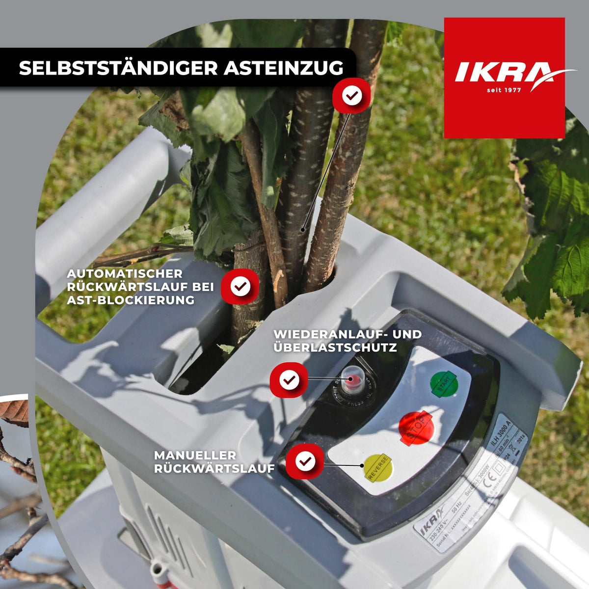 Elektro-Gartenhäcksler ILH 3000A mit 3000 Watt, Walzensystem für Äste bis 44 mm, 60-Liter-Fangbox sowie Gartenschere und Schutzbrille