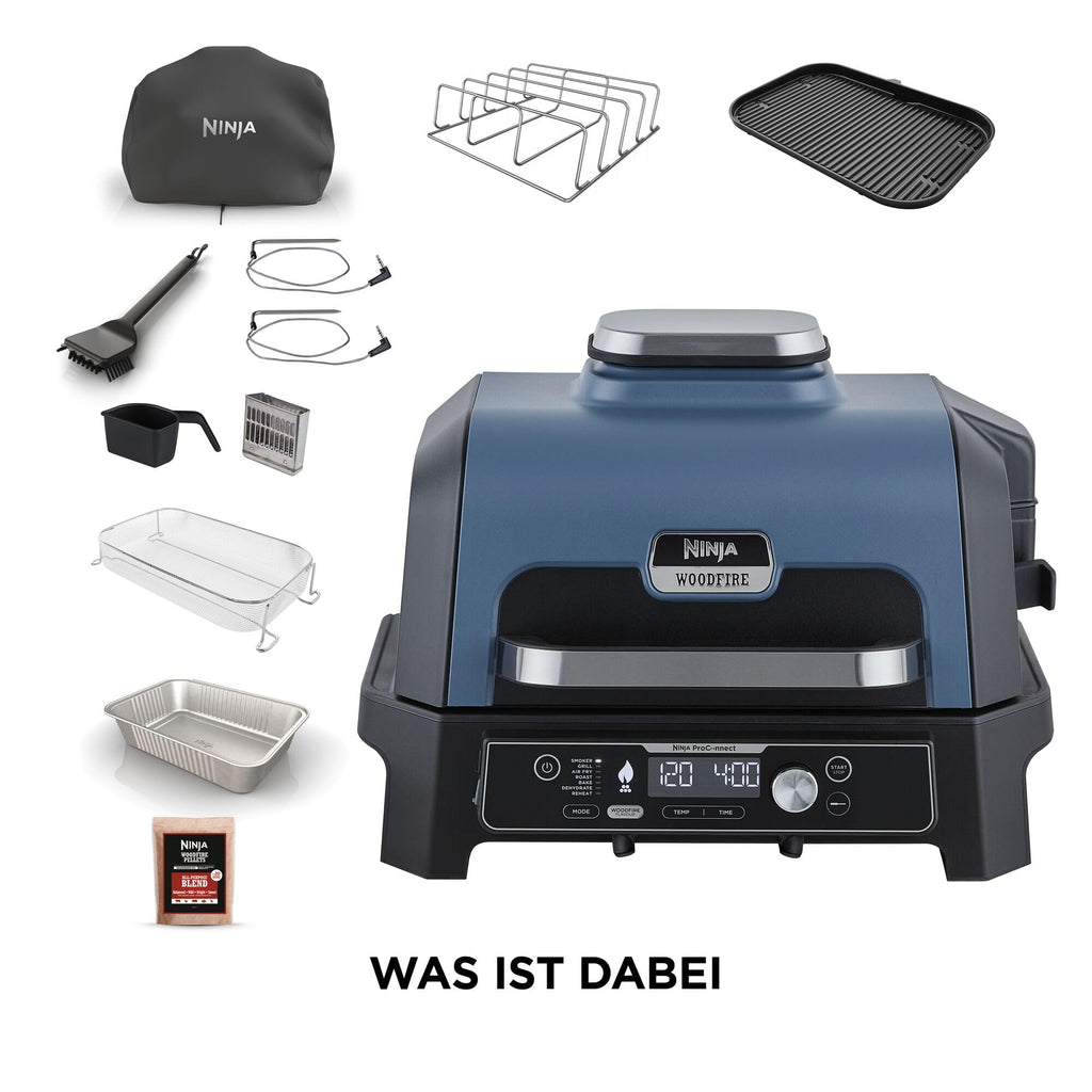 Elektrischer BBQ-Smoker-Grill Woodfire Pro Connect XL mit App-Steuerung, 7 Funktionen und Zubehör-Set in Blau/Schwarz