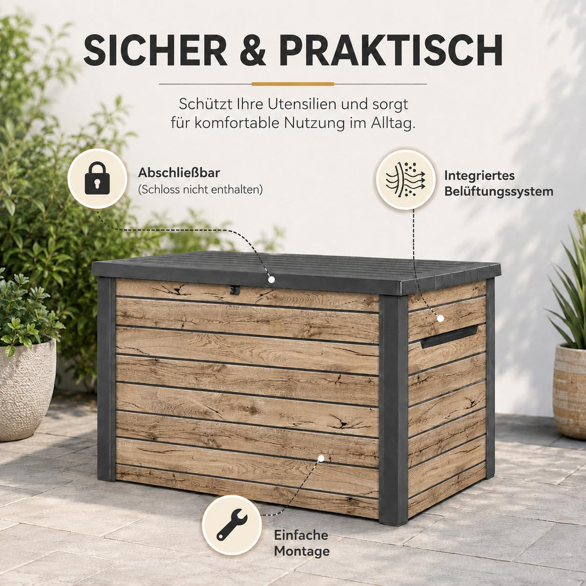 Gartenbox 870 L aus Kunststoff in Holzoptik Pinie, 147 x 83 x 86 cm, mit Gasdruckfedern und abschließbarem Deckel
