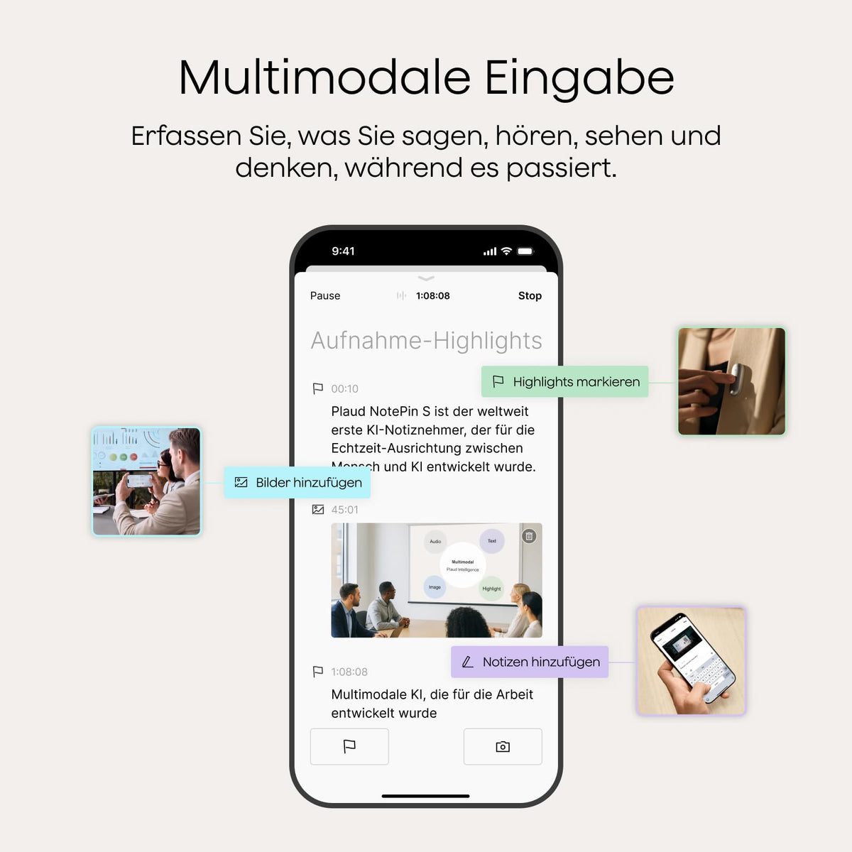 KI-Diktiergerät NotePin S 64 GB 20 Std. Aufnahme KI-Transkription 112 Sprachen 4 Tragevarianten mit USB-C-Ladestation