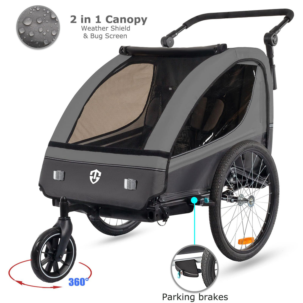 2in1 Fahrradanhänger und Kinderwagen für 1 bis 2 Kinder, bis 40 kg, mit Federung und 360° drehbarem Vorderrad