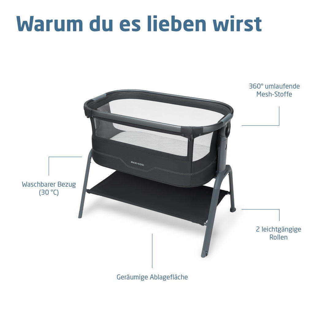 Baby Beistellbett Iora² von 0-6 Monaten mit CloudCore-Matratze, 5 Höhenstufen und Easy Slide, klappbar mit Rollen und Tragetasche, Elegance Graphite