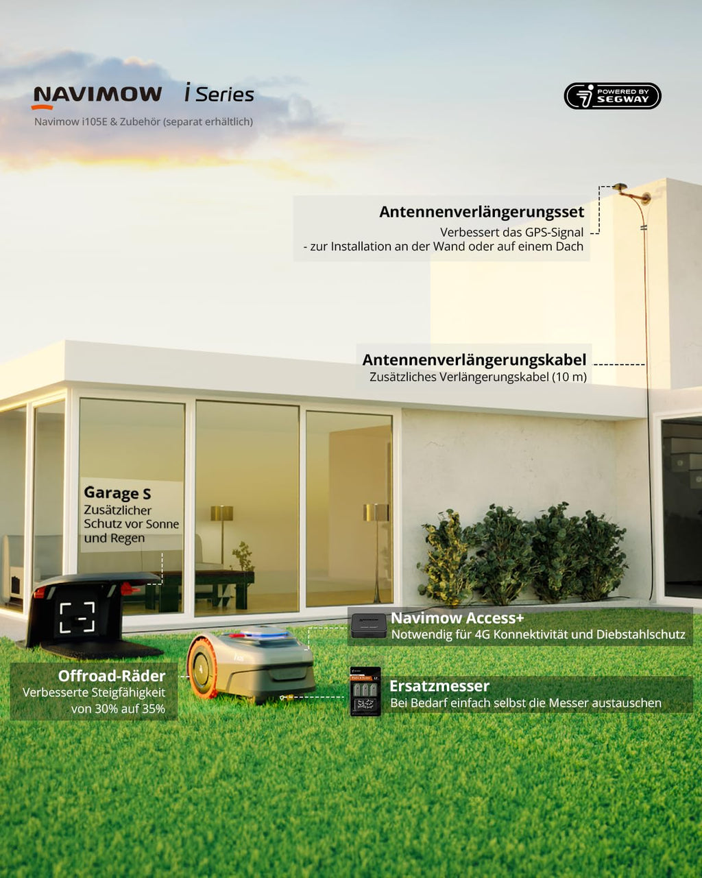 Mähroboter i105E ohne Begrenzungskabel, für 500 m², RTK und Vision, mit Ladestation und 9 Ersatzklingen