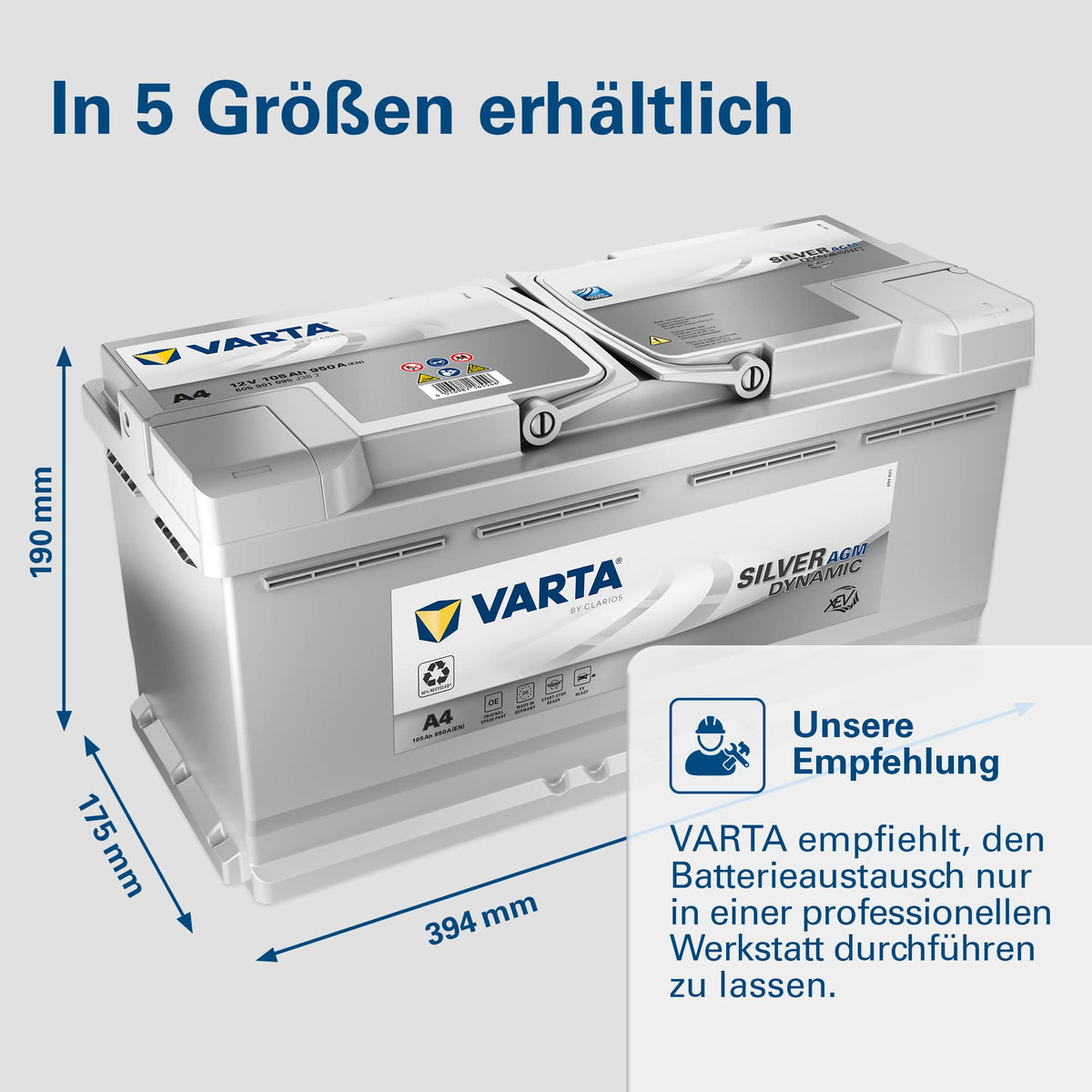 AGM Autobatterie 12 V 105 Ah 950 A A4 Start-Stopp xEV Starterbatterie 6 Zellen SAE-Klemme 394 x 175 x 190 mm