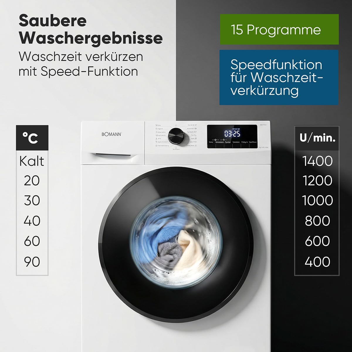 Waschmaschine 7 kg mit Invertermotor und 15 Programmen, max. 1400 U/min, LED-Display und Endzeitvorwahl, Modell WA 7175.1 in Weiß
