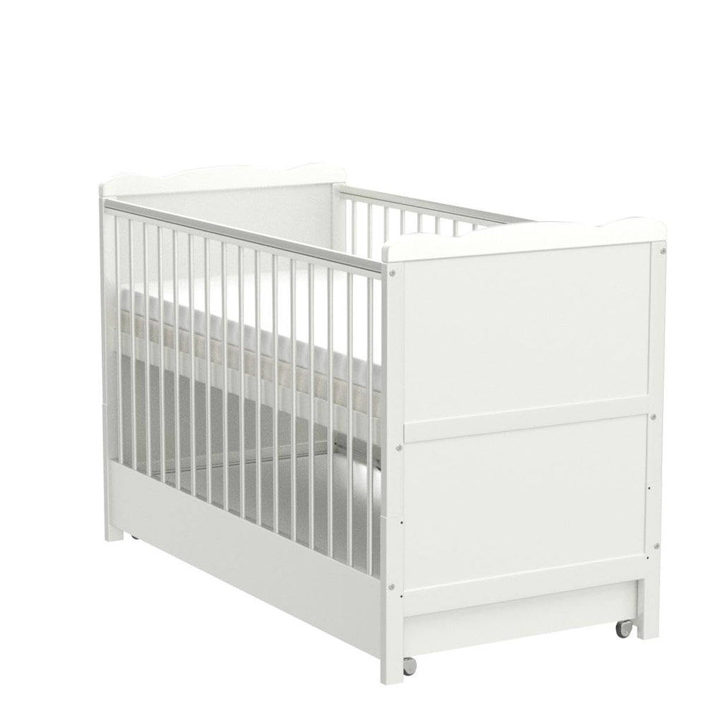 Babybett mit Schublade und Aloe-Vera-Schaumstoffmatratze, höhenverstellbar und umbaubar zum Juniorbett, in Weiß
