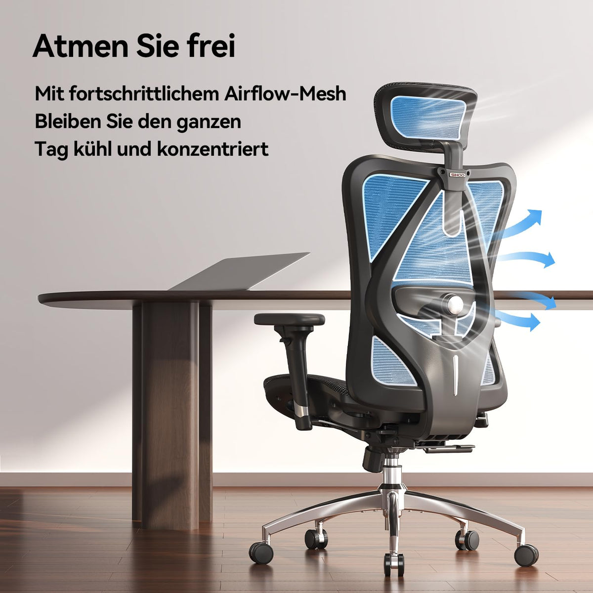 Ergonomischer Bürostuhl M57 mit 3D-Armlehne und Lendenwirbelstütze, Netz-Hochlehne, bis 150 kg, schwarz