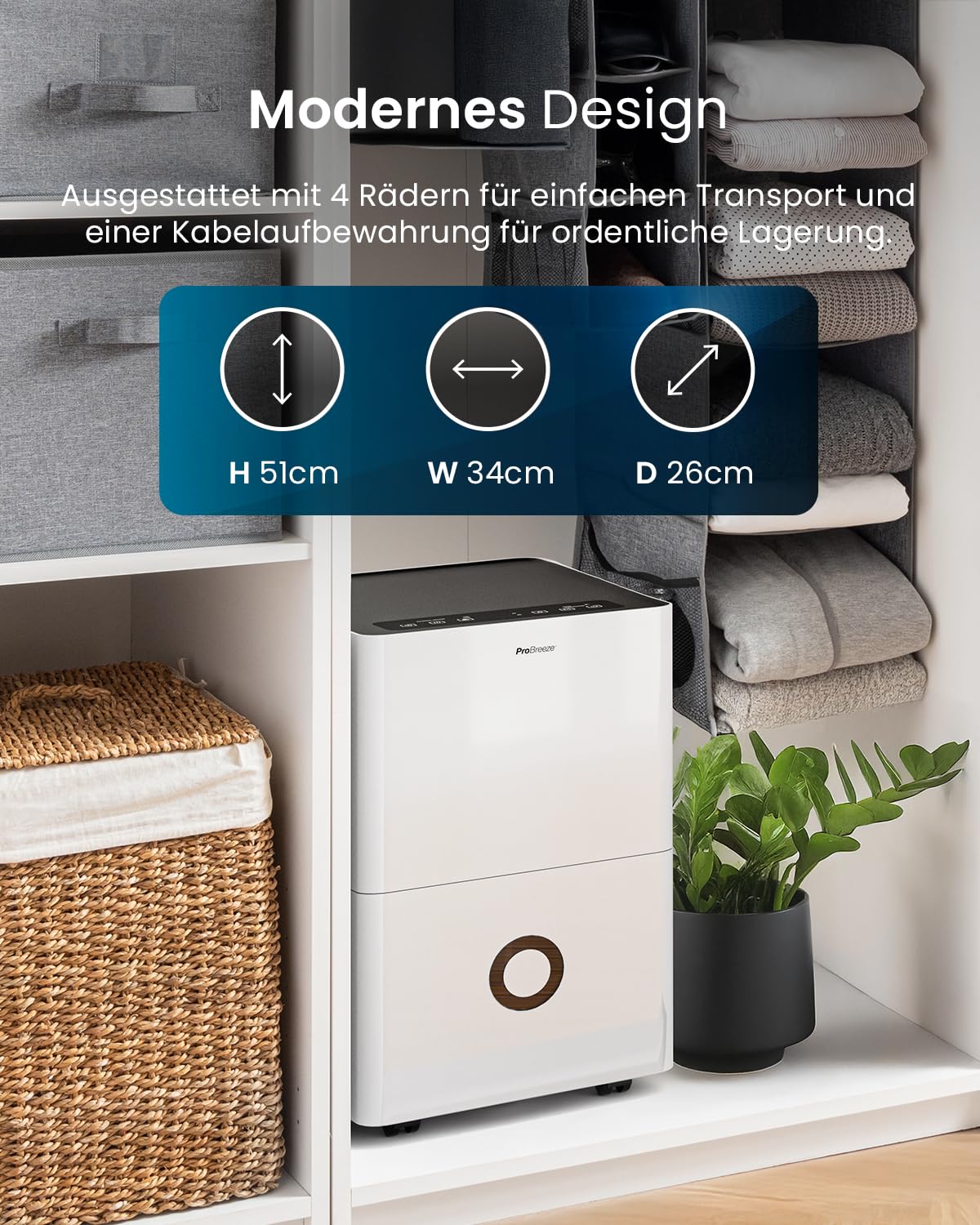 Luftentfeuchter 30L in 24h mit WLAN & App, Feuchtigkeitssensor und 4L Wassertank