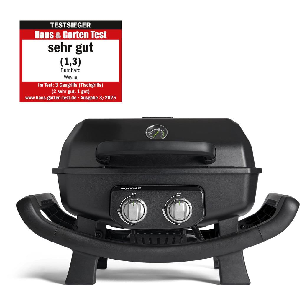 Tragbarer Gasgrill Wayne mit 2 Brennern, 4,4 kW, Aludruckguss, Gusseisenrosten und Abdeckhaube