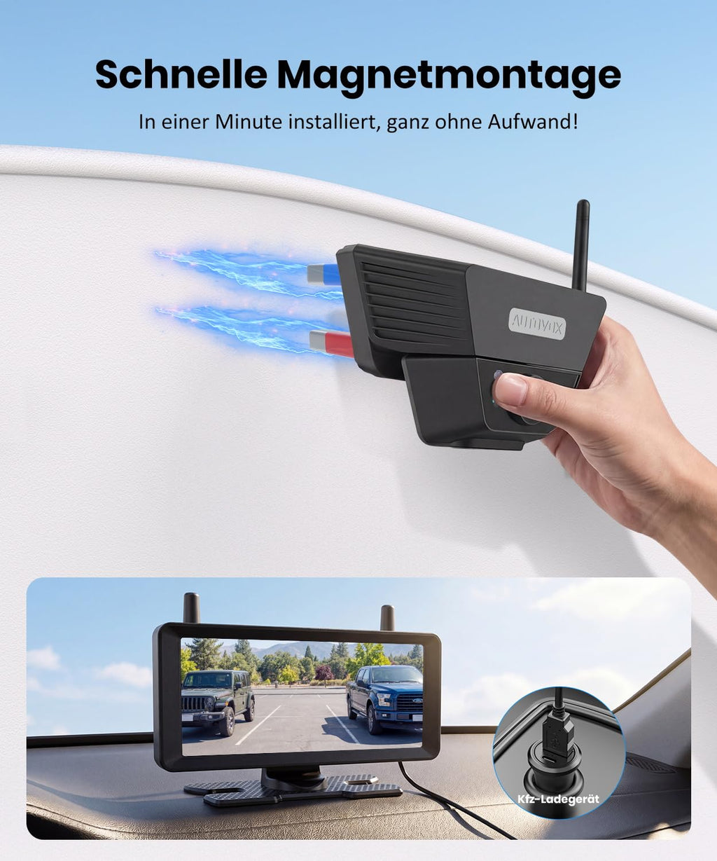 Kabellose Solar-Rückfahrkamera mit KI-Warnungen und 1-Min-Magnetmontage, 7,2"""" 1080P