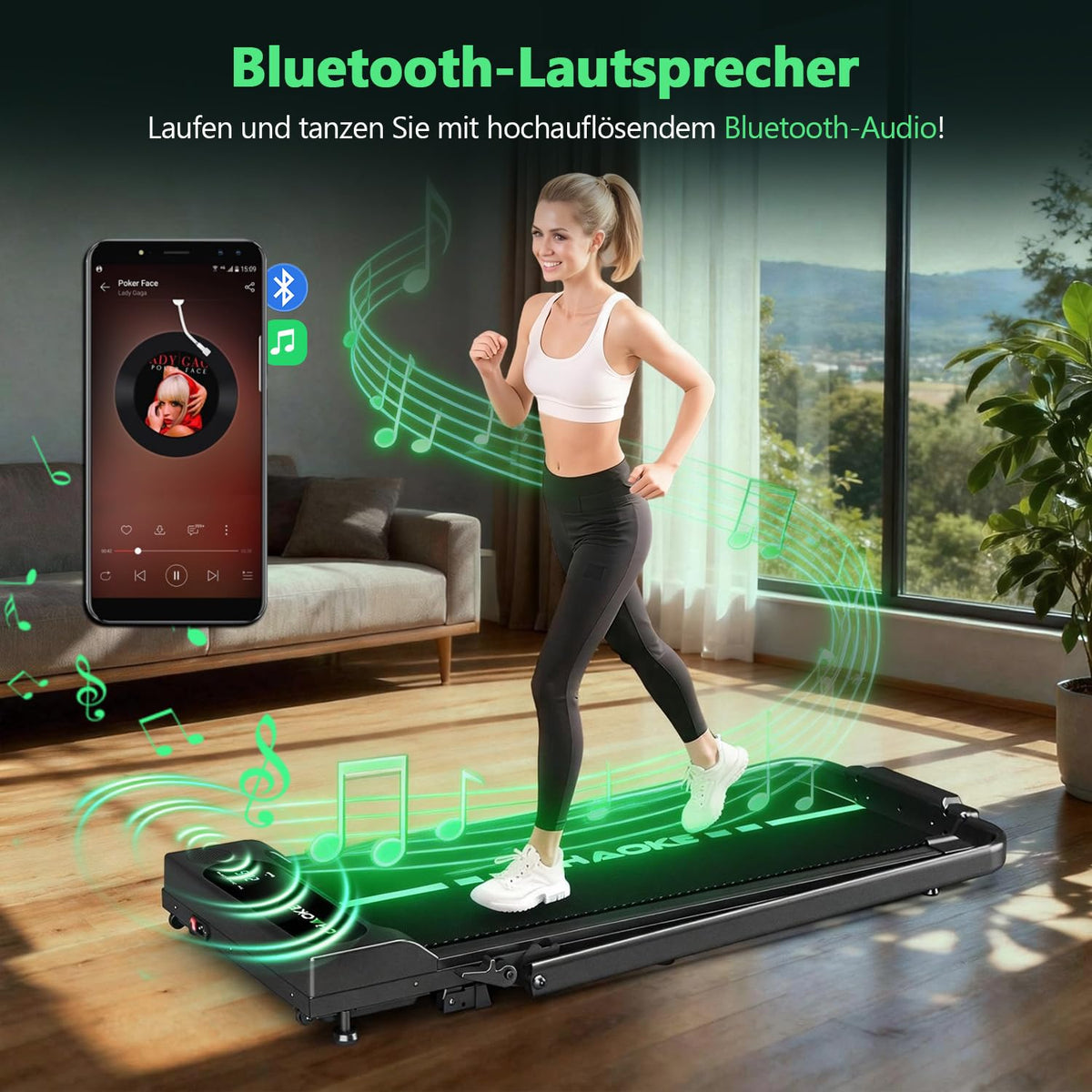 Klappbares Laufband für Zuhause bis 12 km/h mit 2,75 PS Motor und 9 % Steigung, leises Walking Pad mit App und Lautsprechern, bis 160 kg