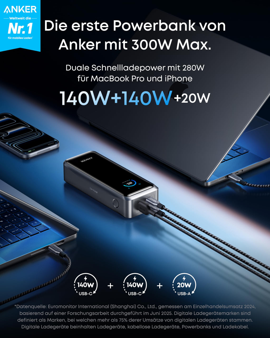Powerbank 26250 mAh 300 W Maximalleistung 140 W USB-C Schnellladung bidirektionales Laden mit Display 99,75 Wh