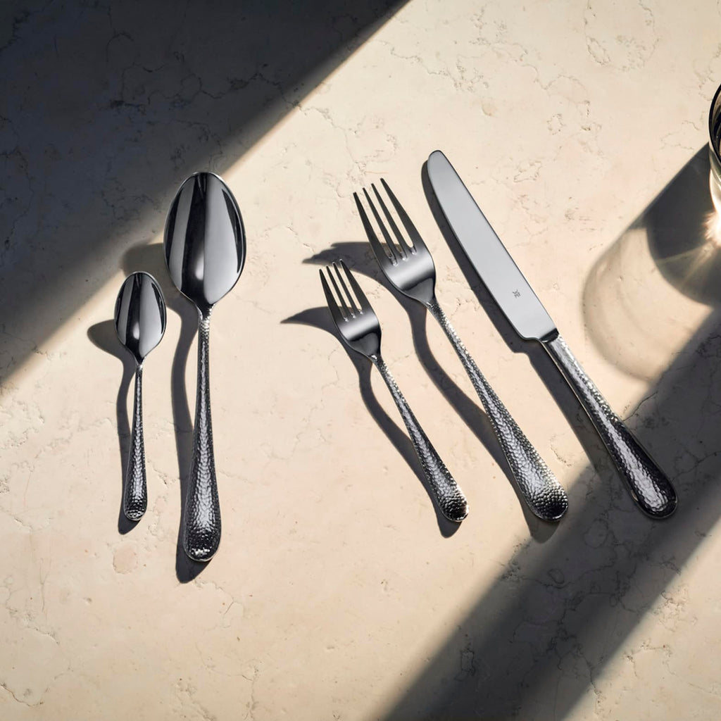 Besteck Set 60 teilig für 12 Personen, Sitello Serie aus Cromargan Edelstahl 18/10 poliert mit Hammerschlag, inklusive Monobloc-Messer