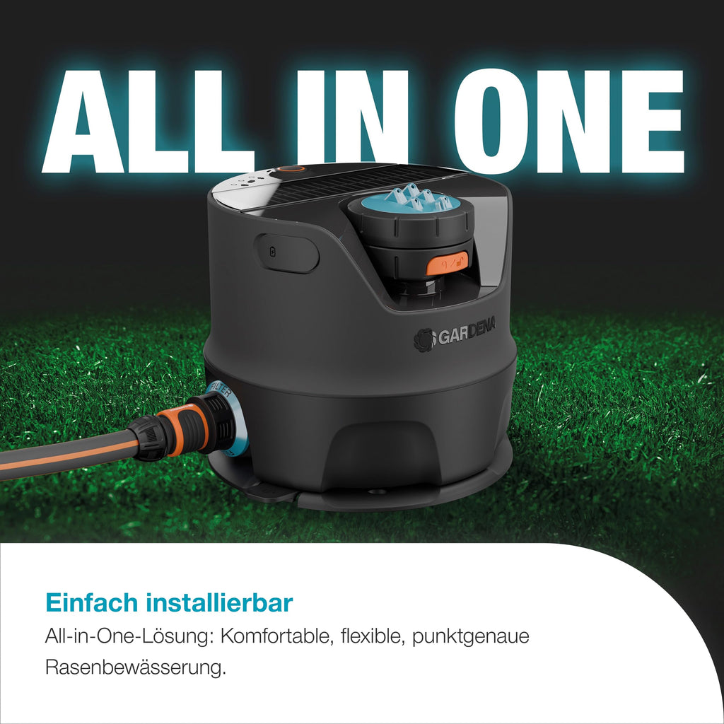 Bewässerungssystem AquaPrecise für Rasenflächen bis 320 m² solarbetrieben mit Bluetooth Konturregnerkopf FlowBalance Ventil Montageplatte
