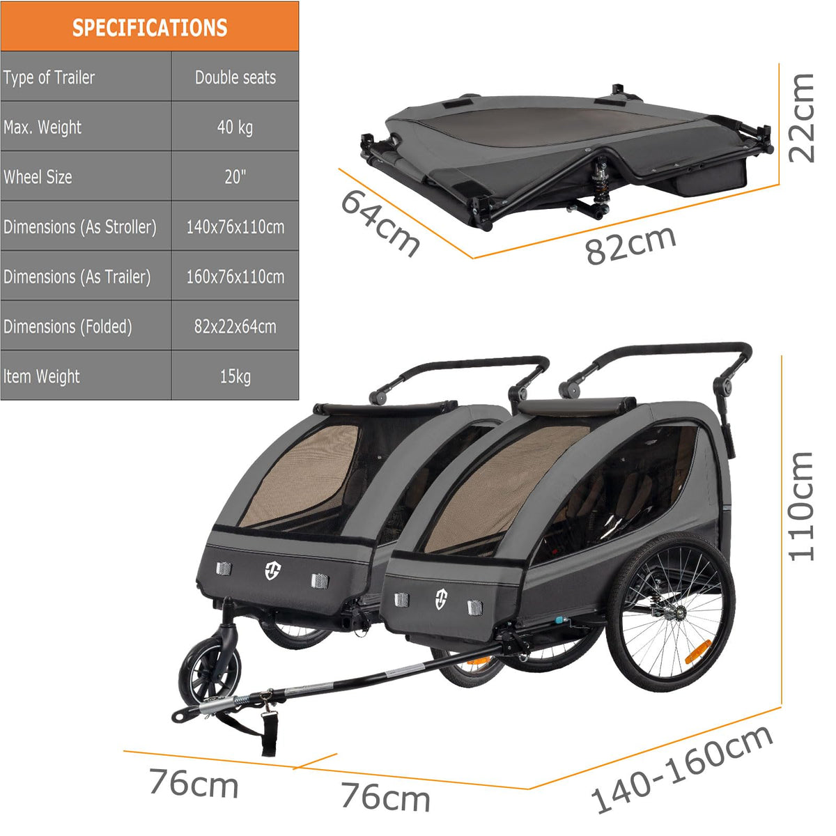 2in1 Fahrradanhänger und Kinderwagen für 1 bis 2 Kinder, bis 40 kg, mit Federung und 360° drehbarem Vorderrad