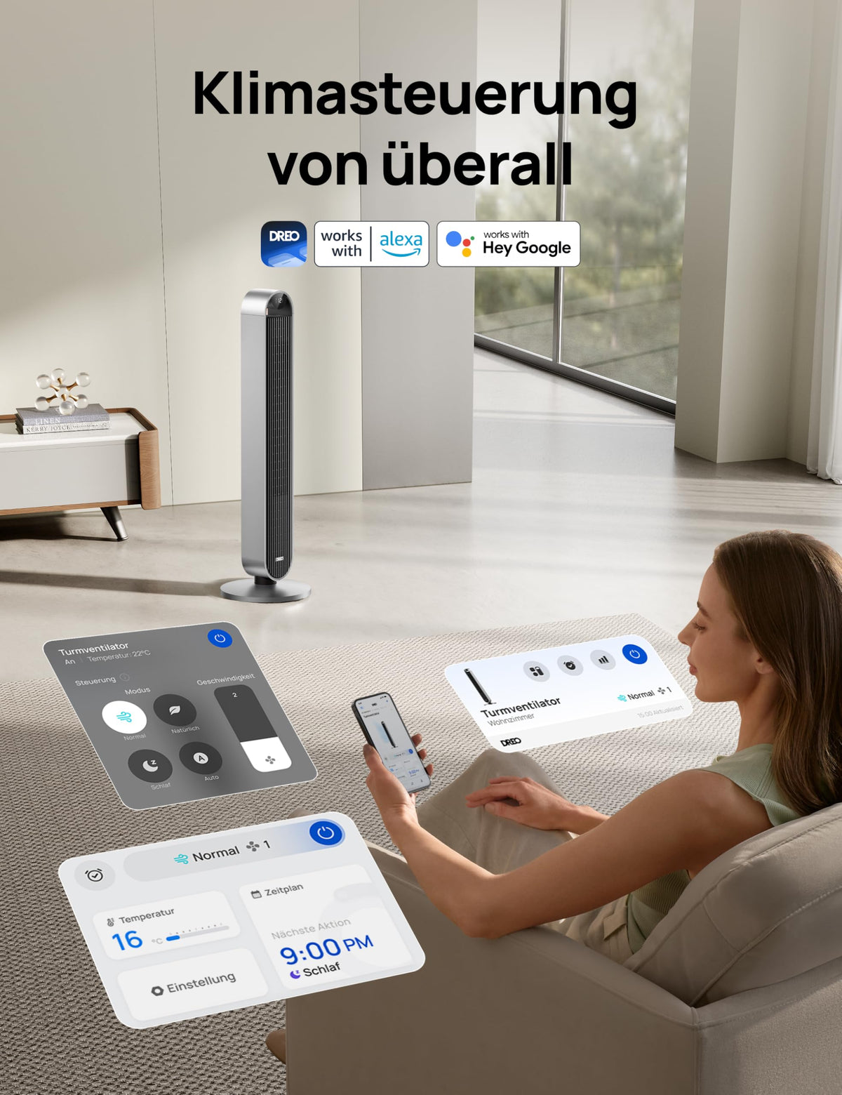 Turmventilator Pilot Max S, 120° oszillierend, 25 dB leise, 12 Geschwindigkeiten und 4 Modi, mit Fernbedienung und App-Steuerung