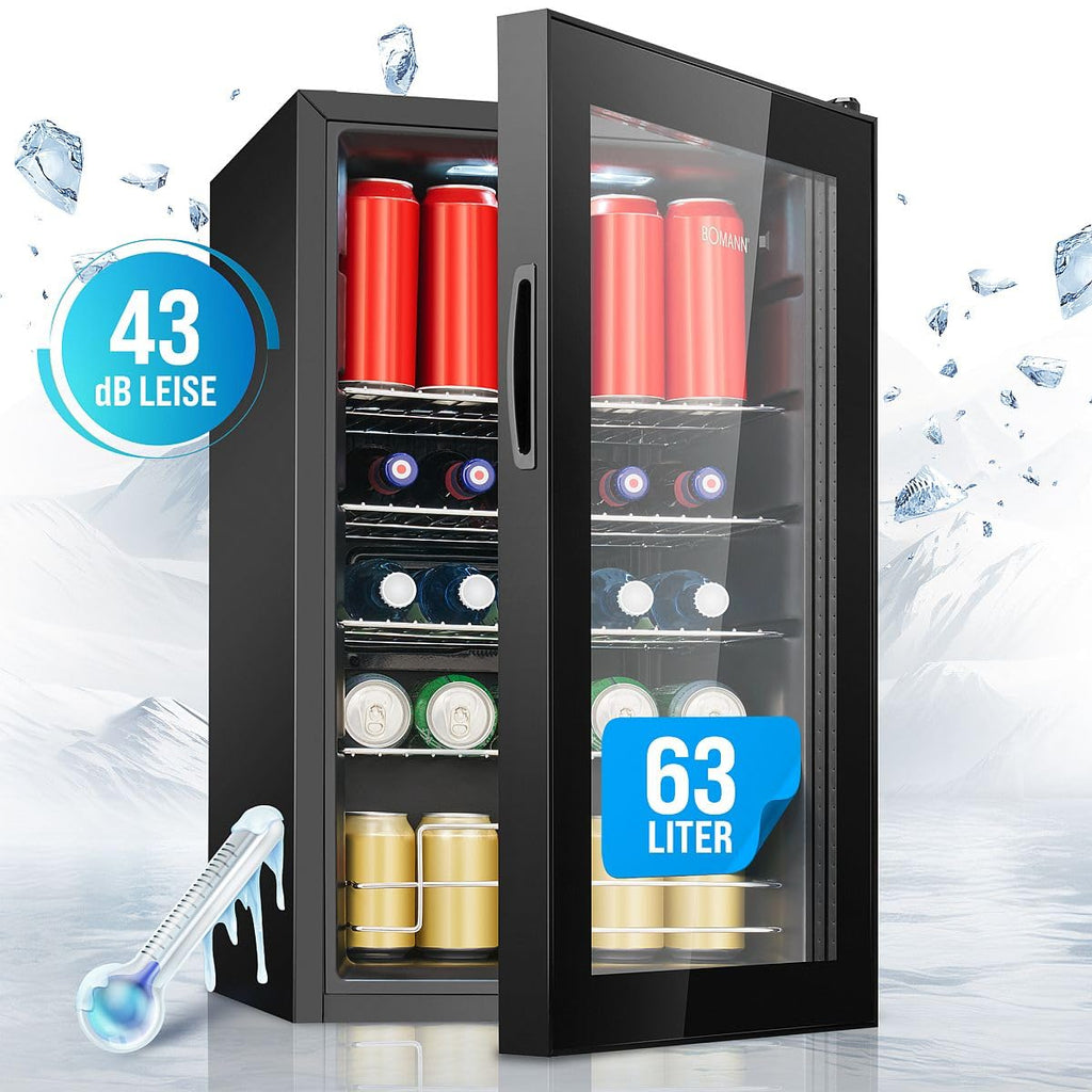 Flaschenkühlschrank 63 L mit Glastür, bis zu 89 Dosen, 4 Ablagen, LED-Beleuchtung, KSG 7287