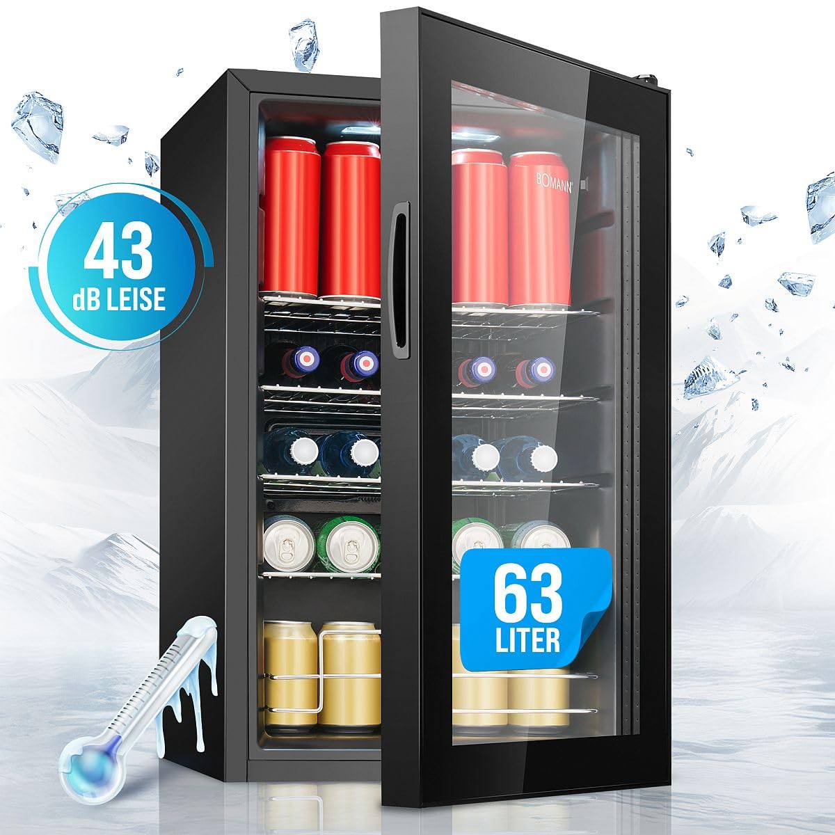Flaschenkühlschrank 63 L mit Glastür, bis zu 89 Dosen, 4 Ablagen, LED-Beleuchtung, KSG 7287