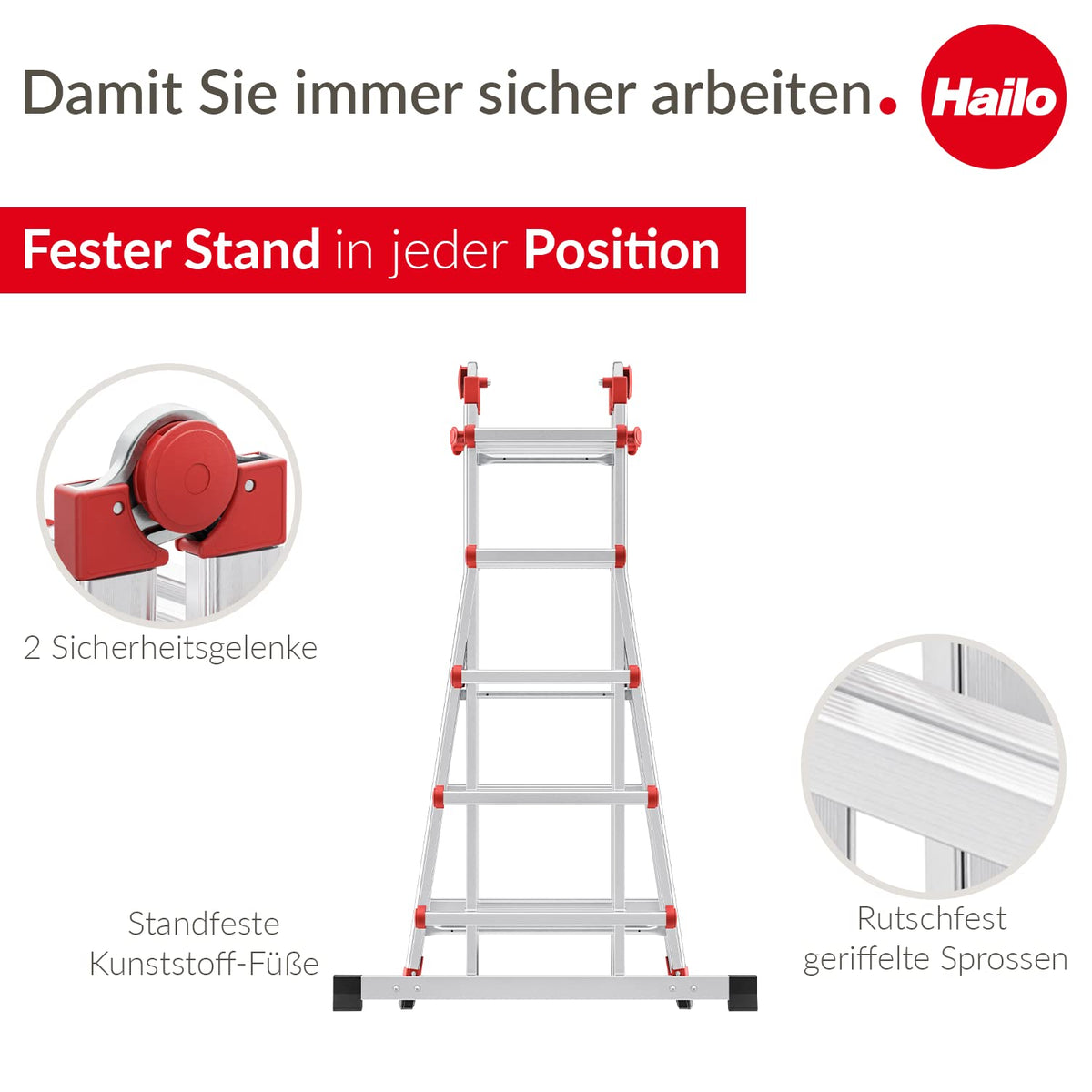 Multifunktionsleiter Alu 4x5 Sprossen mit Sicherheitsgelenken und Rastgriffen, höhenverstellbar bis 150 kg
