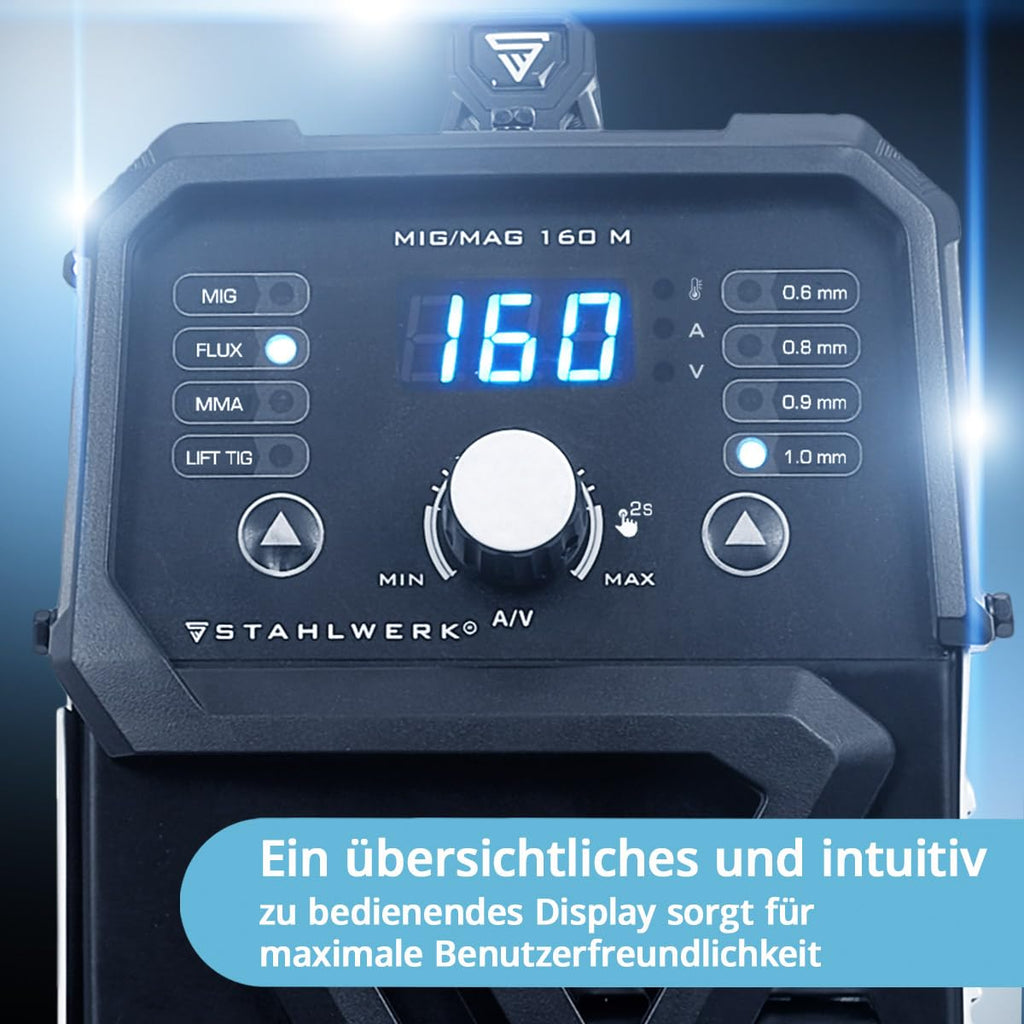 Schutzgasschweißgerät MIG/MAG 160 M 20–160 A 5-in-1 Inverter IGBT Flux MMA DC-Lift-TIG Digitalpanel