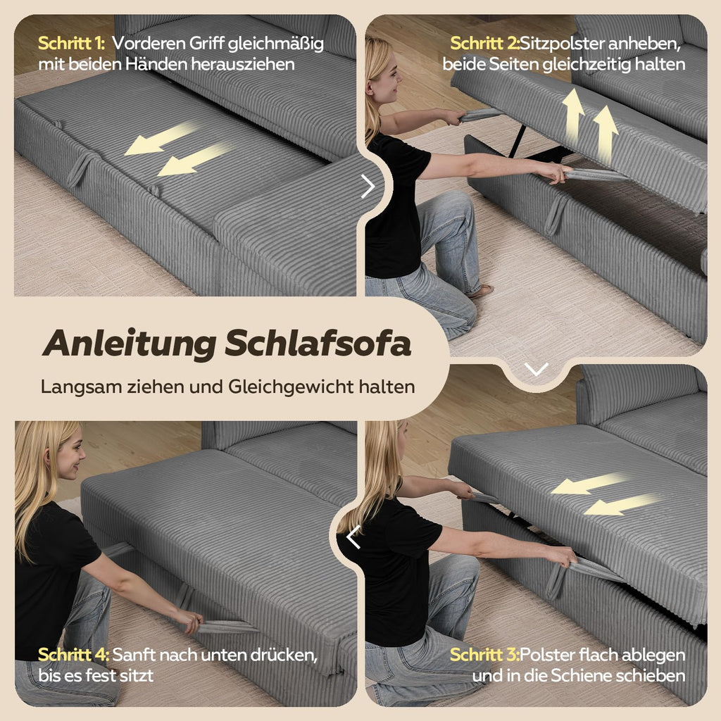 Ecksofa mit Schlaffunktion in L-Form aus Cord, Steingrau, 209 cm breit, mit Stauraum