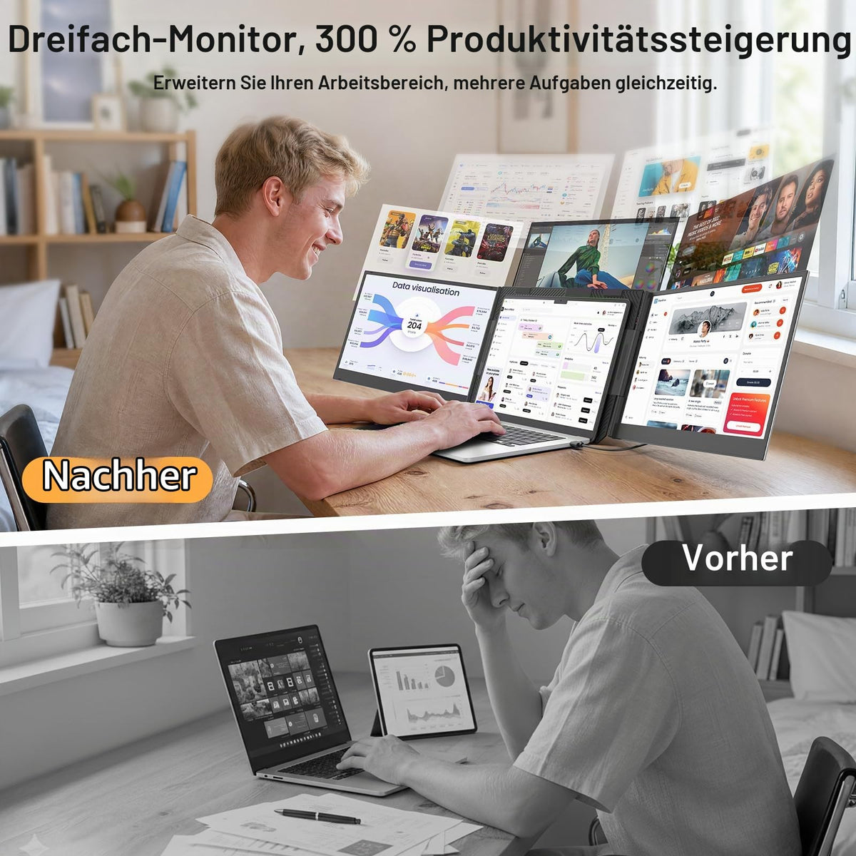 Tragbarer Laptop-Bildschirm 15,6"""" FHD 1080p Dreifach-Monitor für 13–17,3"""" Laptops, USB-C/HDMI Plug & Play mit Tasche